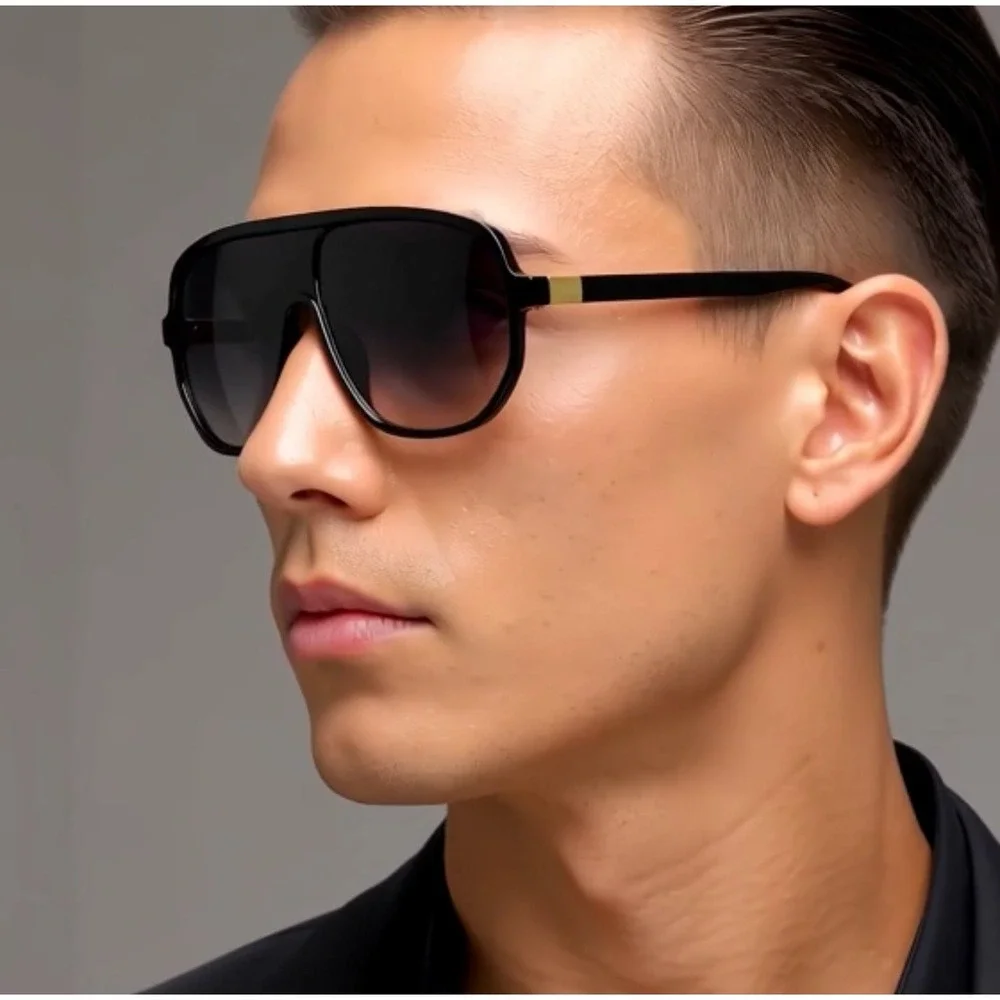 SUNGLASSES MEN DESIGNER GLASSES‎ RECTANGULAR STYLE FLAT BLACK LENS MODERN STYLE